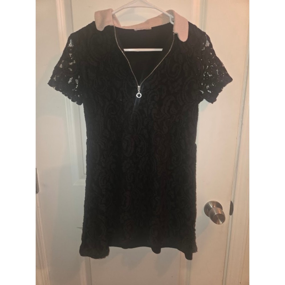 Zara W&B Collection Black Lace Short Sleeve Mini Dress Tan Collar Zip Front M